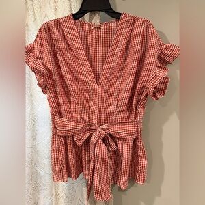 Max Studio Red & White Gingham Ruffle Sleeve Tie Waist Blouse Large